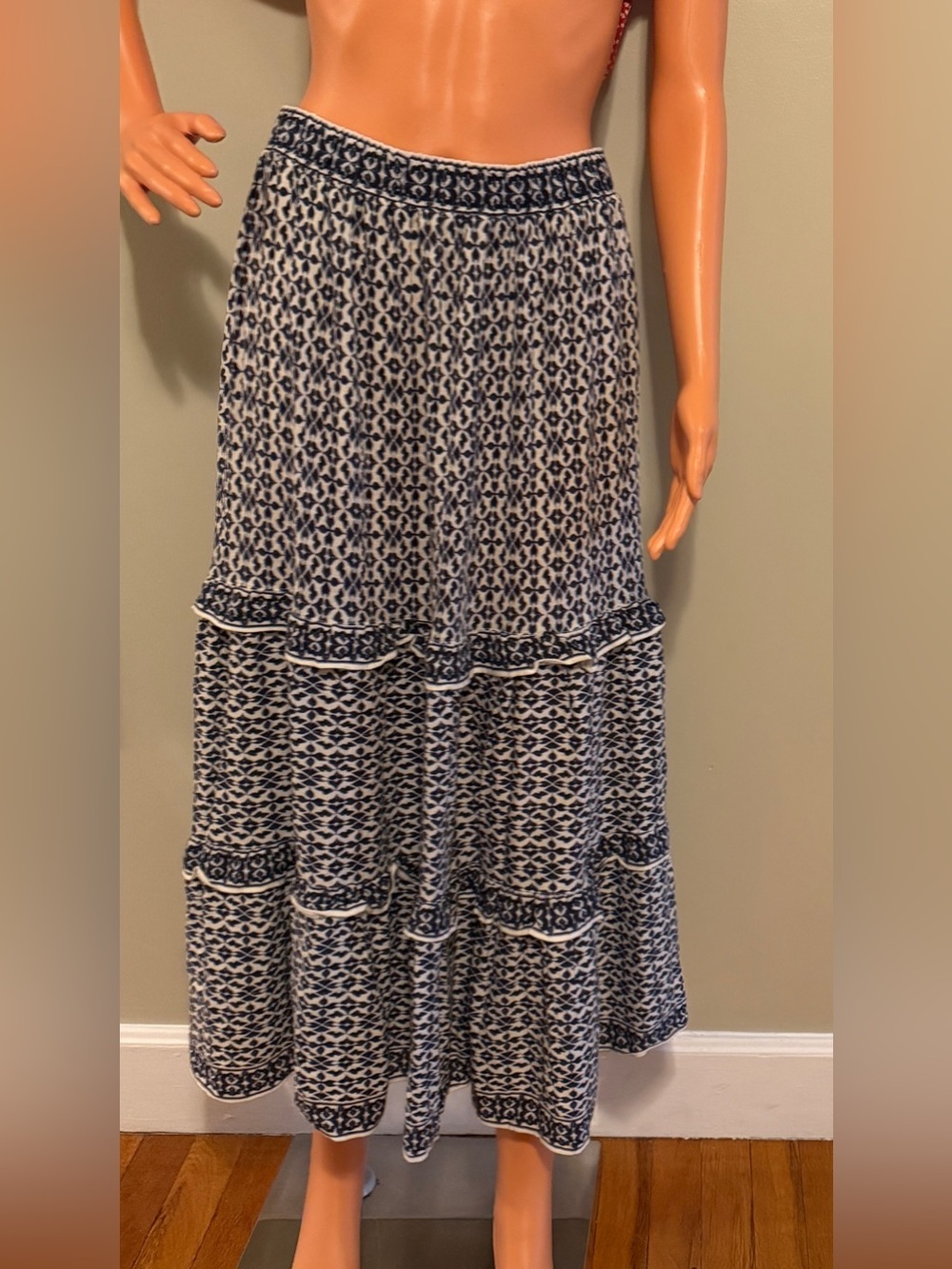 Max Studio Navy and White Printed Tiered Maxi Skirt